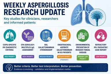 Infographic summarising the July 2026 weekly aspergillosis research update, highlighting new COPD diagnostic criteria for invasive pulmonary aspergillosis, chronic pulmonary aspergillosis serology, ICU galactomannan testing, environmental prevention of fungal disease, and other key research developments.