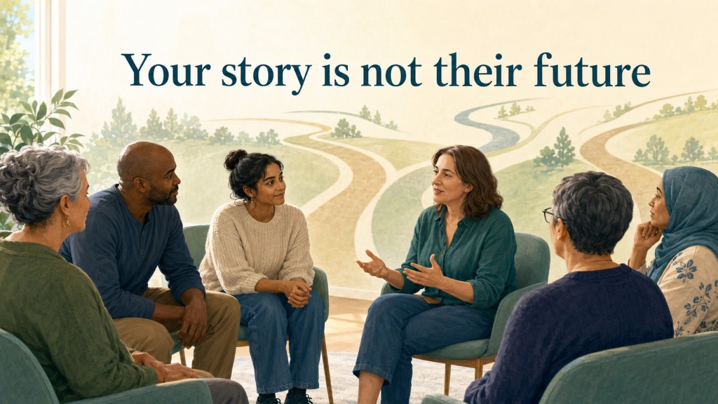 People listening supportively in an aspergillosis peer-support group, with different paths representing individual patient journeys.