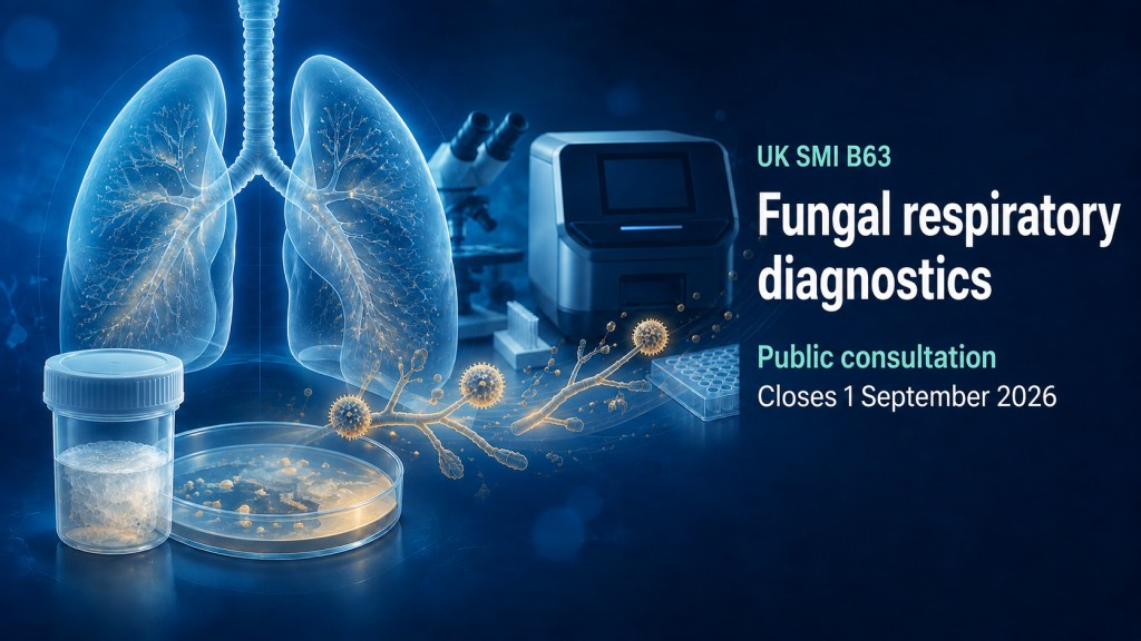Illustration of lungs, a respiratory sample, fungal culture, PCR machine and multiwell plate for UK SMI B63 fungal respiratory diagnostics.