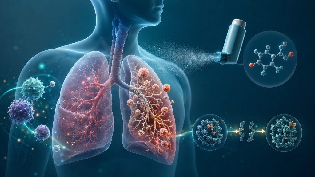 Medical illustration of lungs showing Aspergillus, corticosteroid inhaler use, immune cells and research into restoring azole susceptibility.