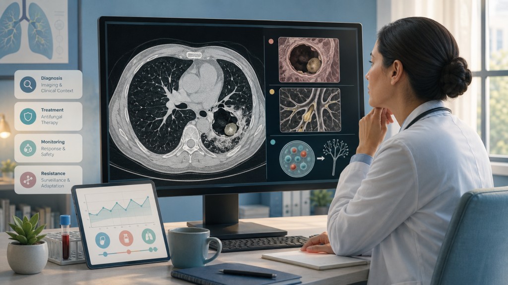 Clinician reviewing CT scans showing chronic pulmonary aspergillosis, mucus plugging and a lung cavity