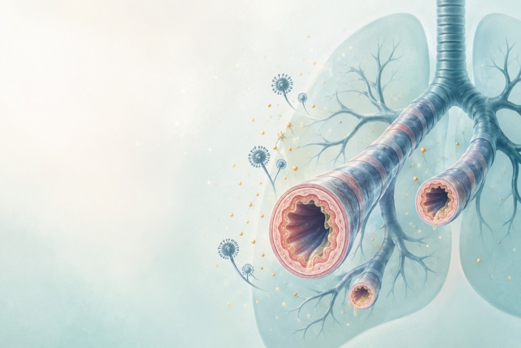 Illustration of narrowed inflamed airways with Aspergillus spores nearby