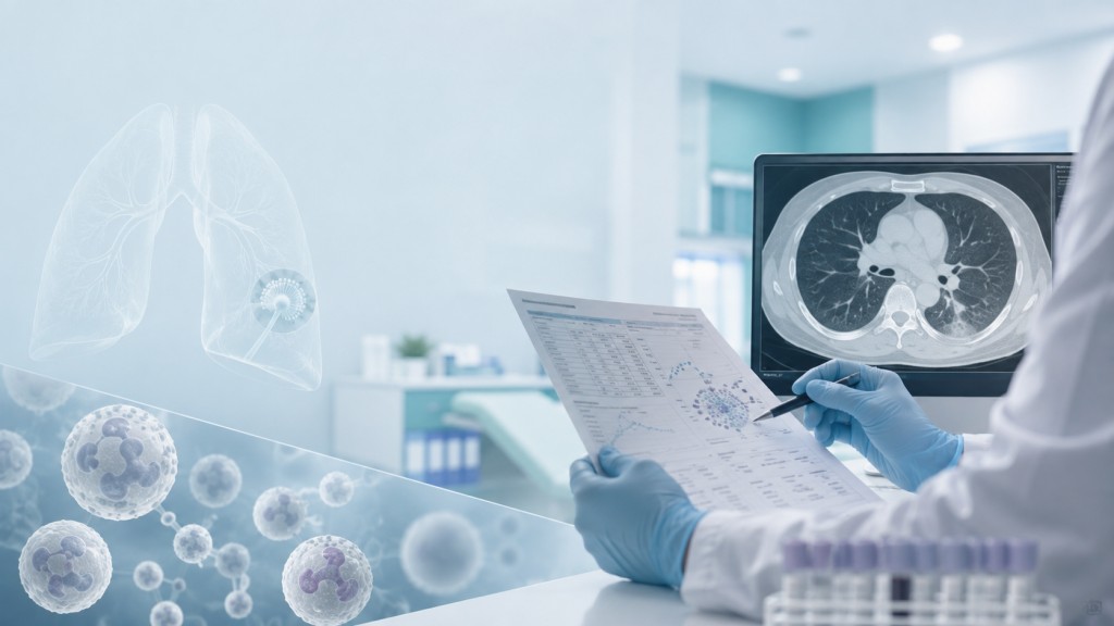 Clinician reviewing blood test results and a chest CT scan for invasive aspergillosis during blood cancer treatment.