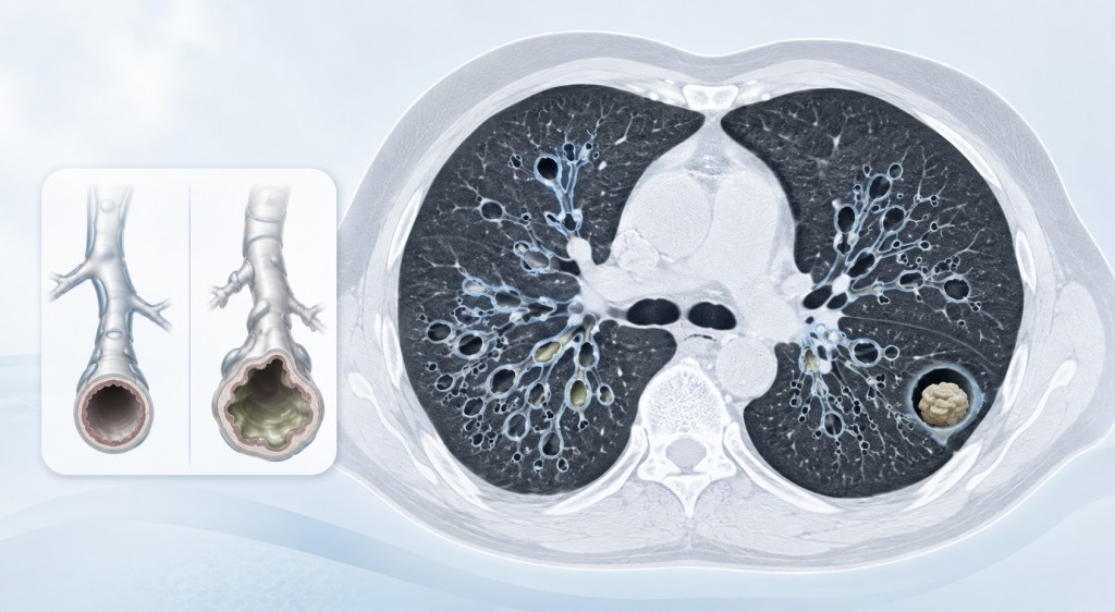 CT-style illustration showing widened bronchiectatic airways, mucus plugging and an aspergilloma