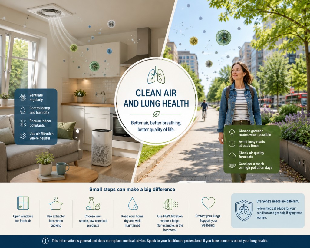 Clean air and lung health infographic showing ventilation, indoor air quality, pollution, filtration and ways to reduce respiratory exposure outdoors.