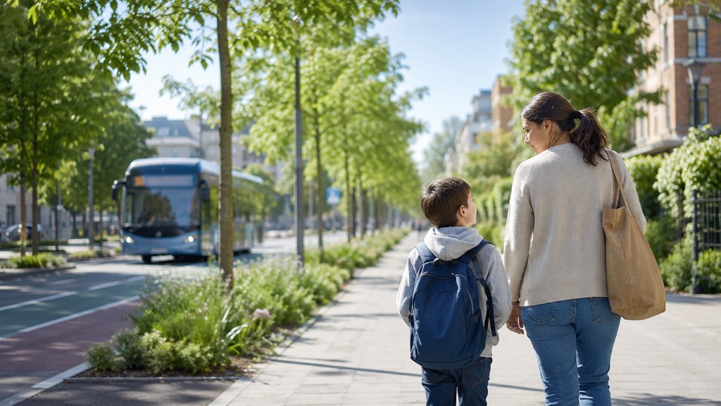 Parent and child walking along a green city street with an electric bus, illustrating the benefits of cleaner air for lung health.