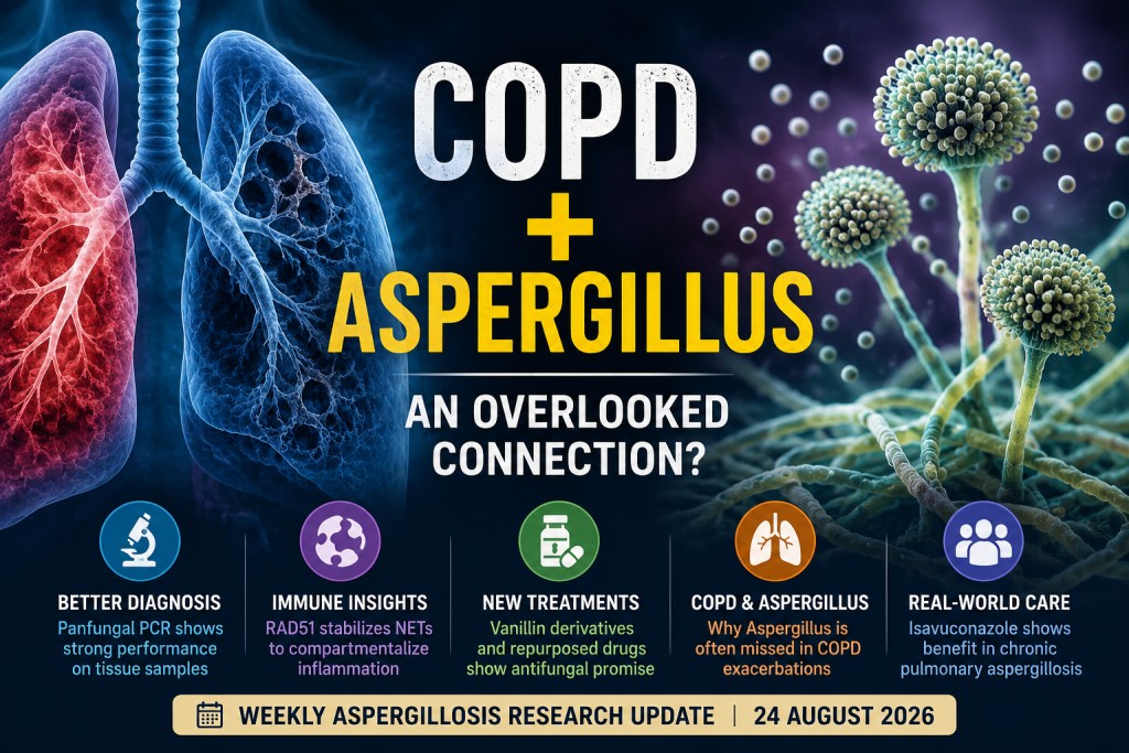Medical illustration of lungs and Aspergillus highlighting new research into the relationship between COPD and aspergillosis.