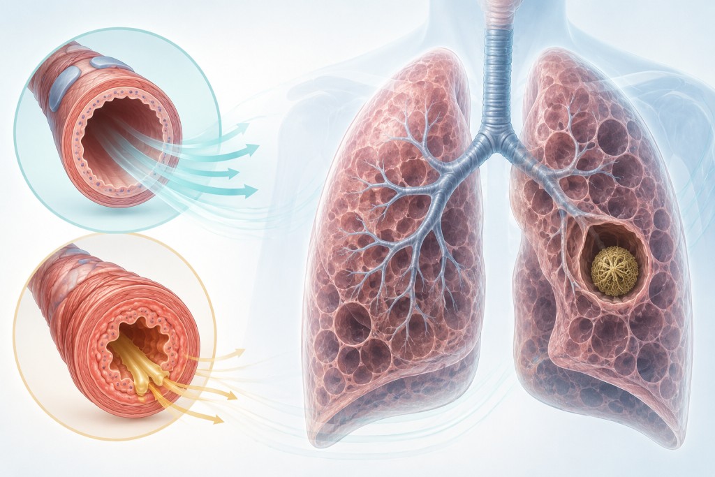 Medical illustration showing narrowed mucus-filled airways, emphysema and an Aspergillus fungal ball in COPD