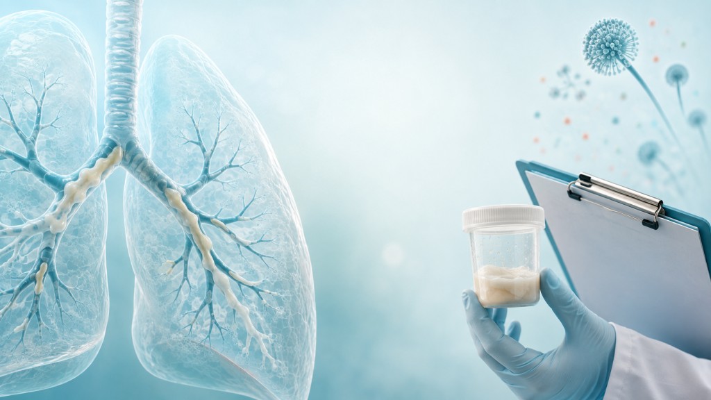Illustration of cystic fibrosis airways with thick mucus and a sputum sample being assessed for Aspergillus.