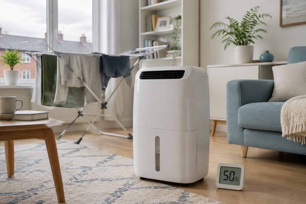 Dehumidifier operating beside indoor laundry with a hygrometer showing 50% relative humidity.
