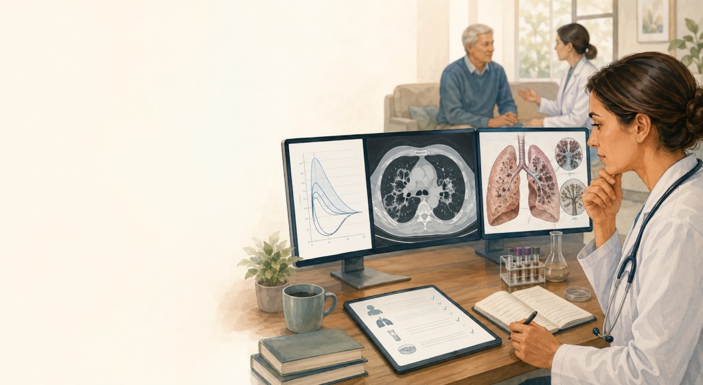 Doctor reviewing spirometry, CT imaging and lung diagrams to assess COPD, bronchiectasis and overlapping lung disease