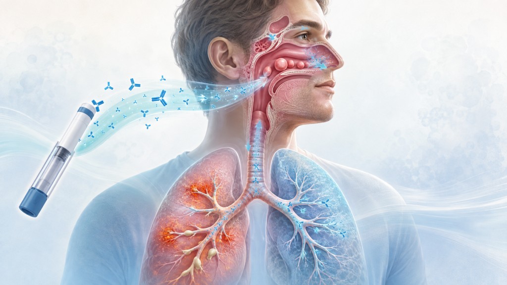 Medical illustration showing nasal polyps, inflamed lungs and dupilumab targeting inflammation throughout the connected airway