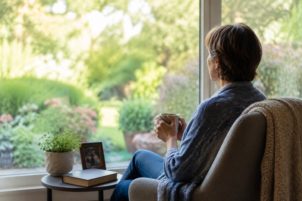 Person sitting by a window with a warm drink, reflecting on finding meaning and support while living with chronic illness