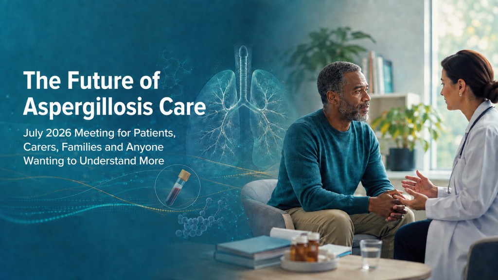 Patient and clinician discussing the future of aspergillosis care, with lung, blood-test and research illustrations.