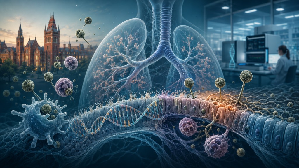 Illustration of lungs, airway cells, DNA and Aspergillus spores representing Manchester research into genetic susceptibility to aspergillosis.