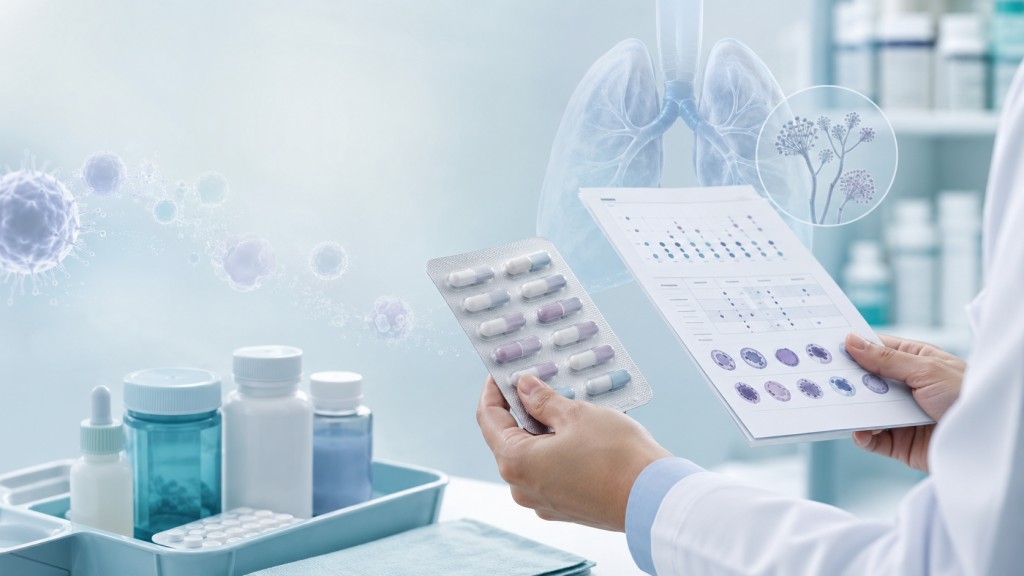 Clinician reviewing immune-suppressing medicines and blood test results alongside lung and Aspergillus imagery.