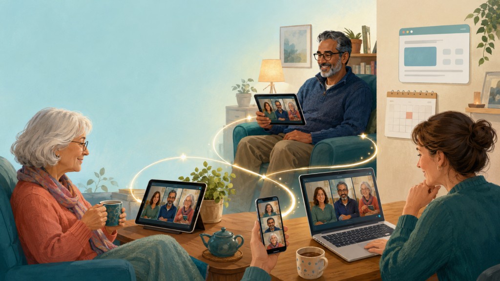 Three people joining a friendly online aspergillosis support meeting from home using a laptop, tablet and phone.