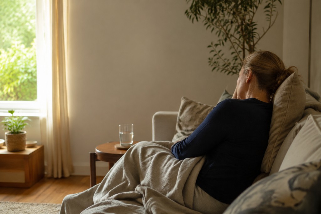 Person resting quietly on a sofa during a difficult day living with a lung condition