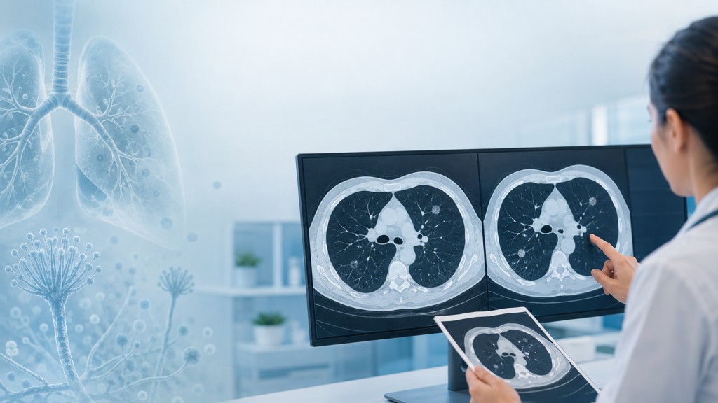 Clinician comparing chest CT scans with lung nodules, illustrating careful assessment for lung cancer or Aspergillus-related disease.