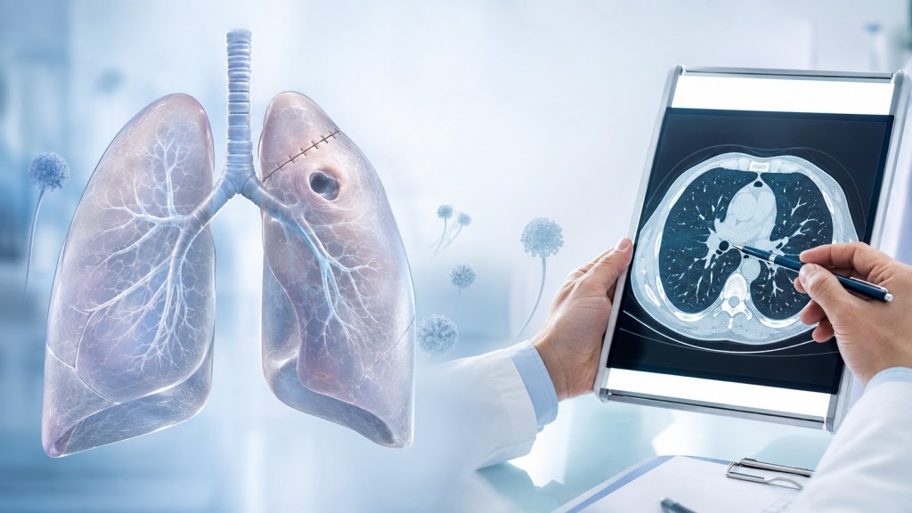Medical illustration of lungs after surgery and a clinician reviewing a chest CT scan for possible Aspergillus-related changes.