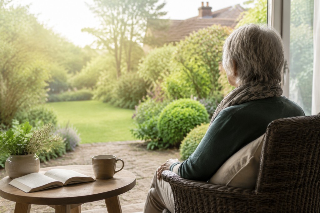 Older person sitting quietly beside a garden with a book and cup of tea, reflecting on life with aspergillosis.
