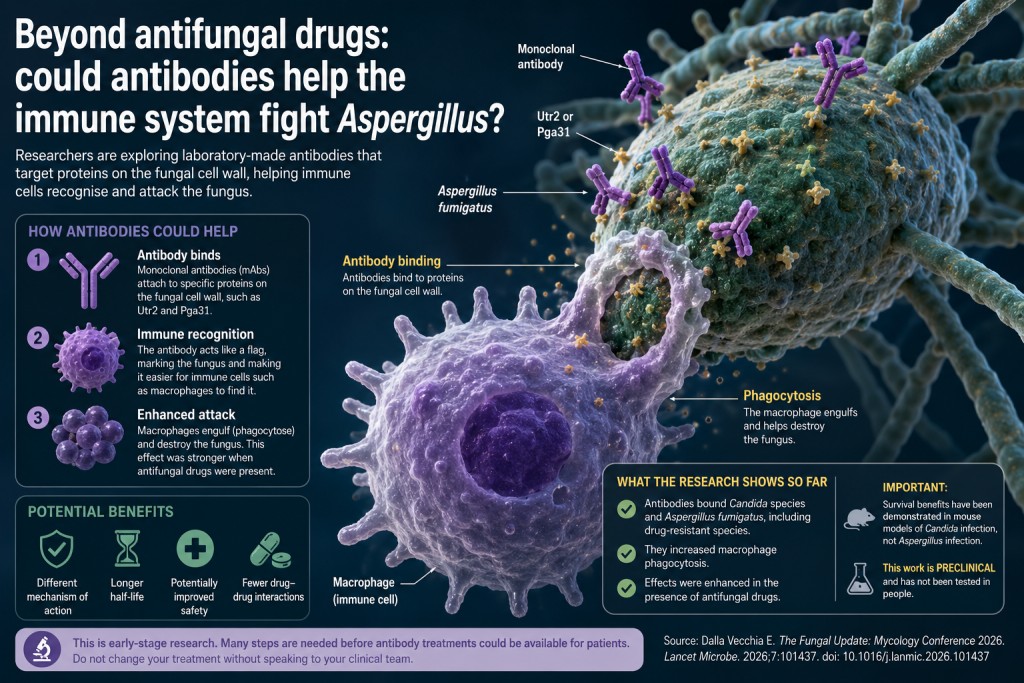 Illustration showing monoclonal antibodies binding Aspergillus fumigatus and helping macrophages recognise and engulf the fungus.