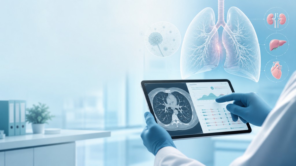 Medical illustration of a clinician reviewing chest CT imaging after organ transplant, with lung, kidney, liver and heart transplant context.