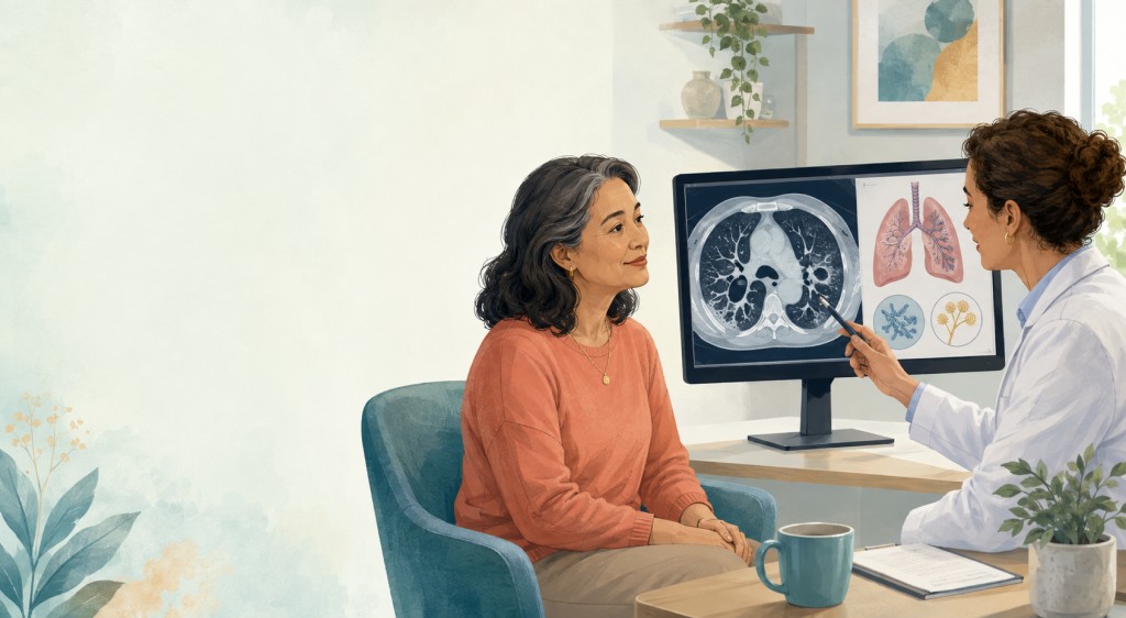 Patient discussing NTM lung disease and aspergillosis with a respiratory clinician while reviewing CT scans