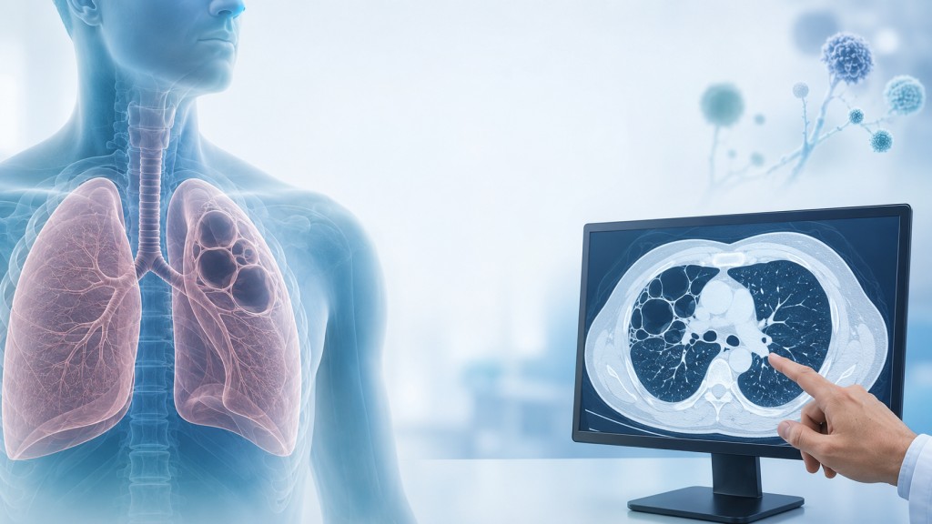 Medical illustration of lung bullae and a clinician reviewing a chest CT scan for Aspergillus-related changes.