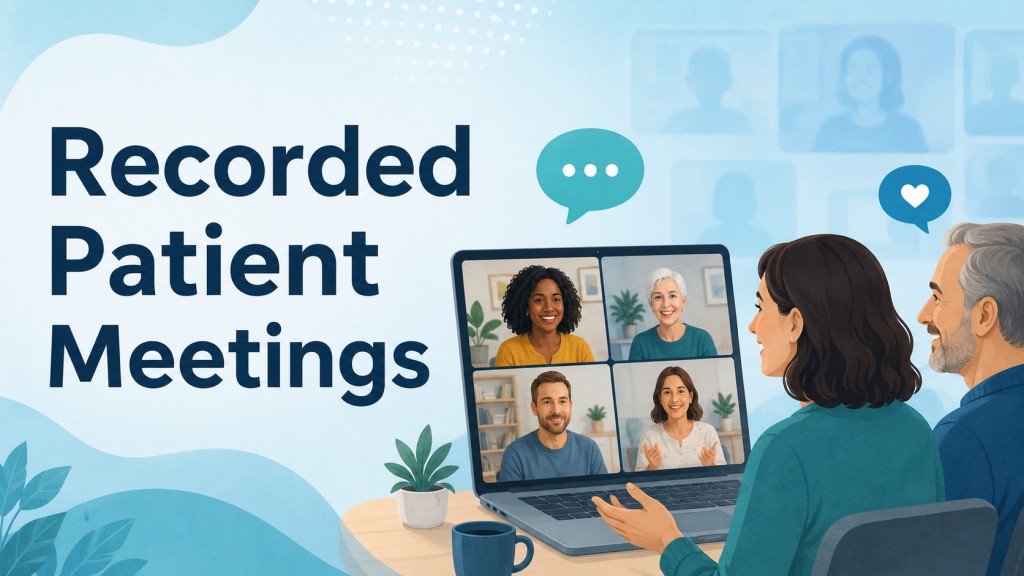 Illustration of people taking part in an online patient meeting, with the title Recorded Patient Meetings
