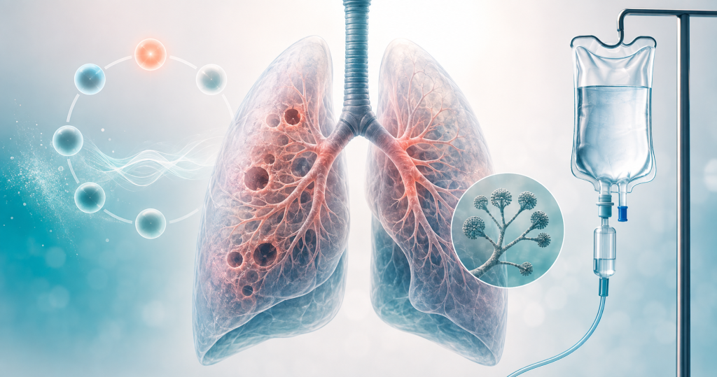 Illustration of lungs, Aspergillus and an intravenous infusion representing rezafungin research for chronic pulmonary aspergillosis
