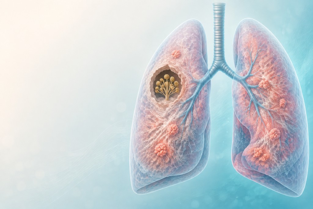 Illustration showing lung scarring, fibrosis and a cavity containing Aspergillus growth in sarcoidosis