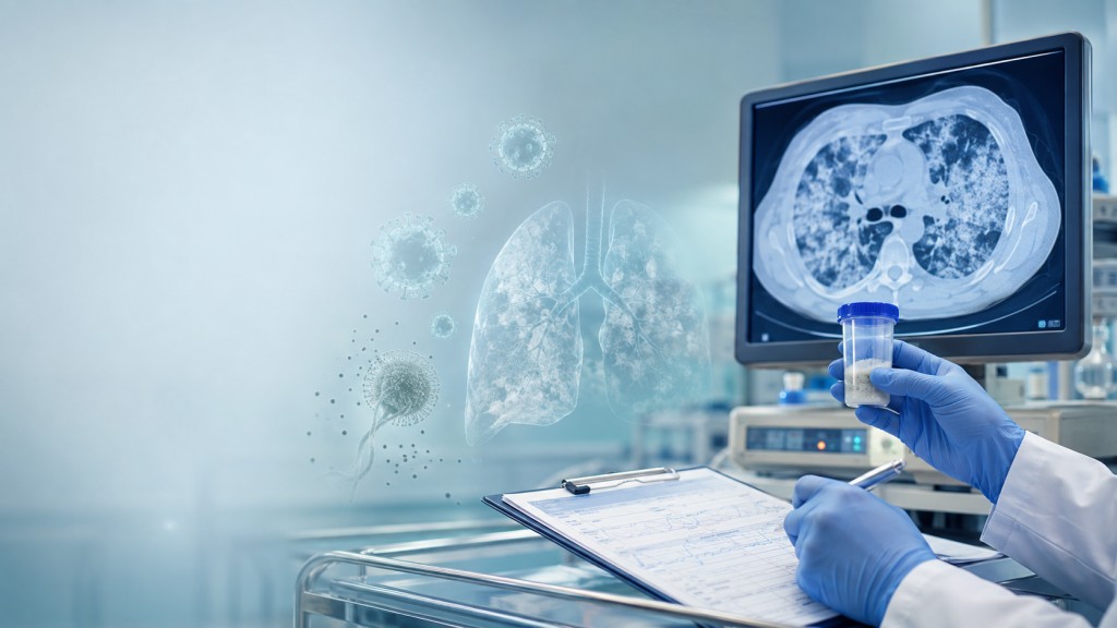 Clinician reviewing a chest CT scan and respiratory sample for Aspergillus during severe viral pneumonia in hospital.