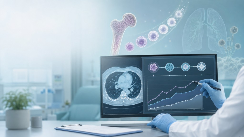 Medical illustration of immune-cell recovery after stem-cell transplant alongside chest CT monitoring for invasive aspergillosis.