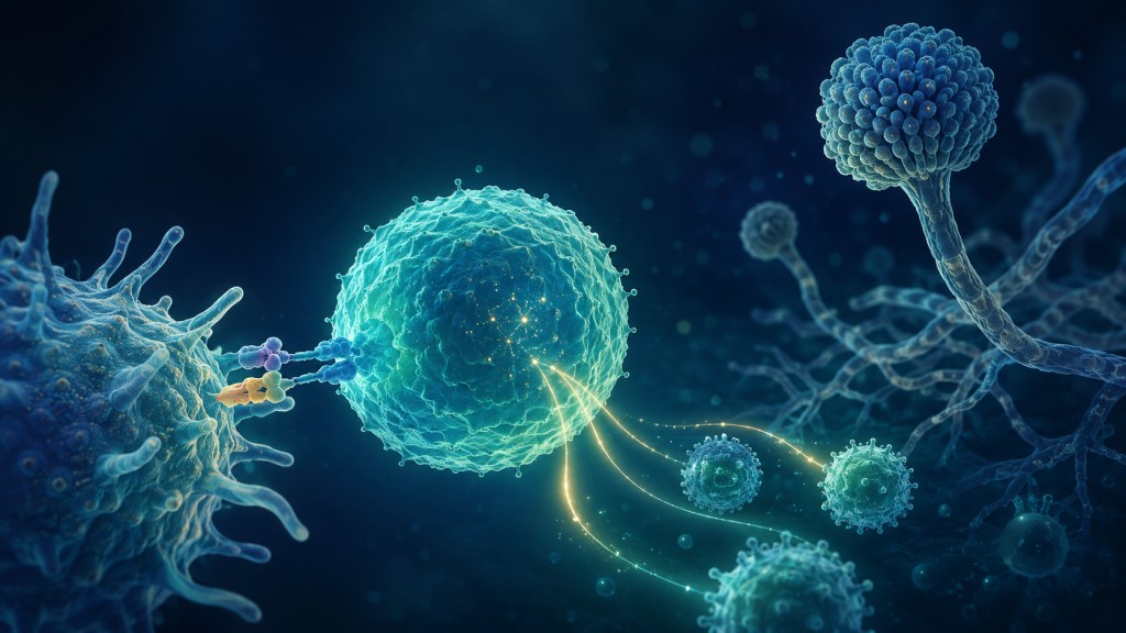 Illustration of a T cell recognising a fungal antigen and coordinating an immune response near Aspergillus fumigatus.