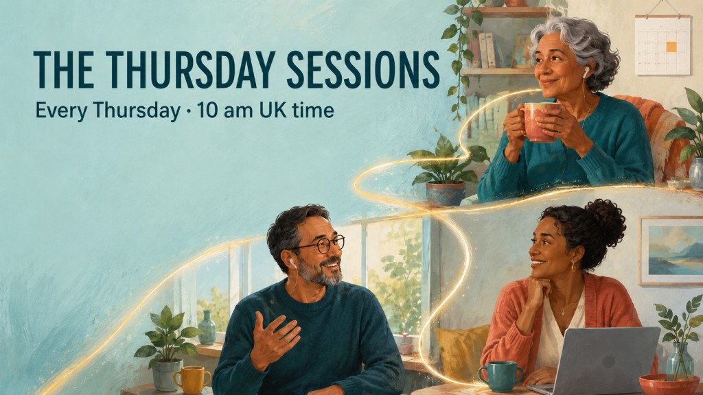 The Thursday Sessions online aspergillosis support meeting, every Thursday at 10 am UK time, illustrated with three people joining from home.