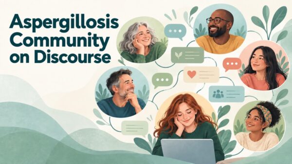 Illustration of people sharing experiences and support in the Aspergillosis Community on Discourse