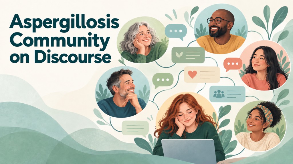 Illustration of people sharing experiences and support in the Aspergillosis Community on Discourse