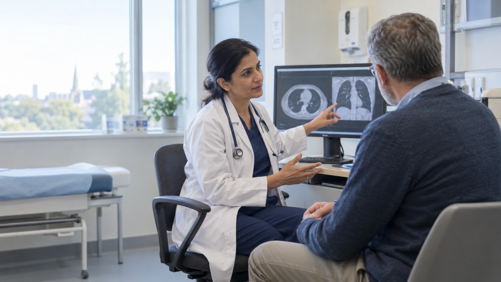 Respiratory specialist discussing lung scan results with a patient during an Aspergilloma assessment.