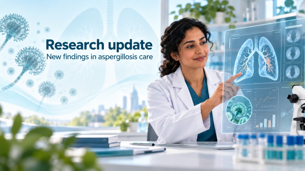 Clinician reviewing lung research data in an illustration about new findings in aspergillosis care.