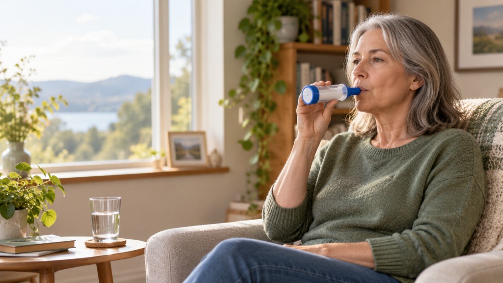 Woman using a handheld airway-clearance device at home to help manage chronic respiratory symptoms.