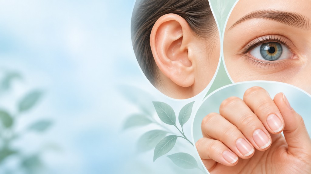 Medical illustration showing an ear, eye and fingernails, representing local Aspergillus infections.