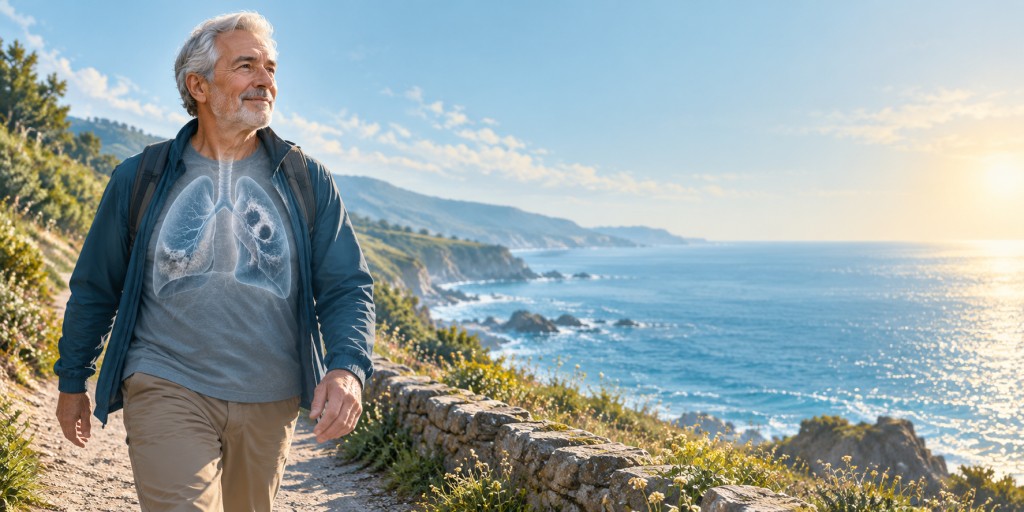 Man living with chronic pulmonary aspergillosis walking outdoors, with a gentle illustration of lungs affected by CPA