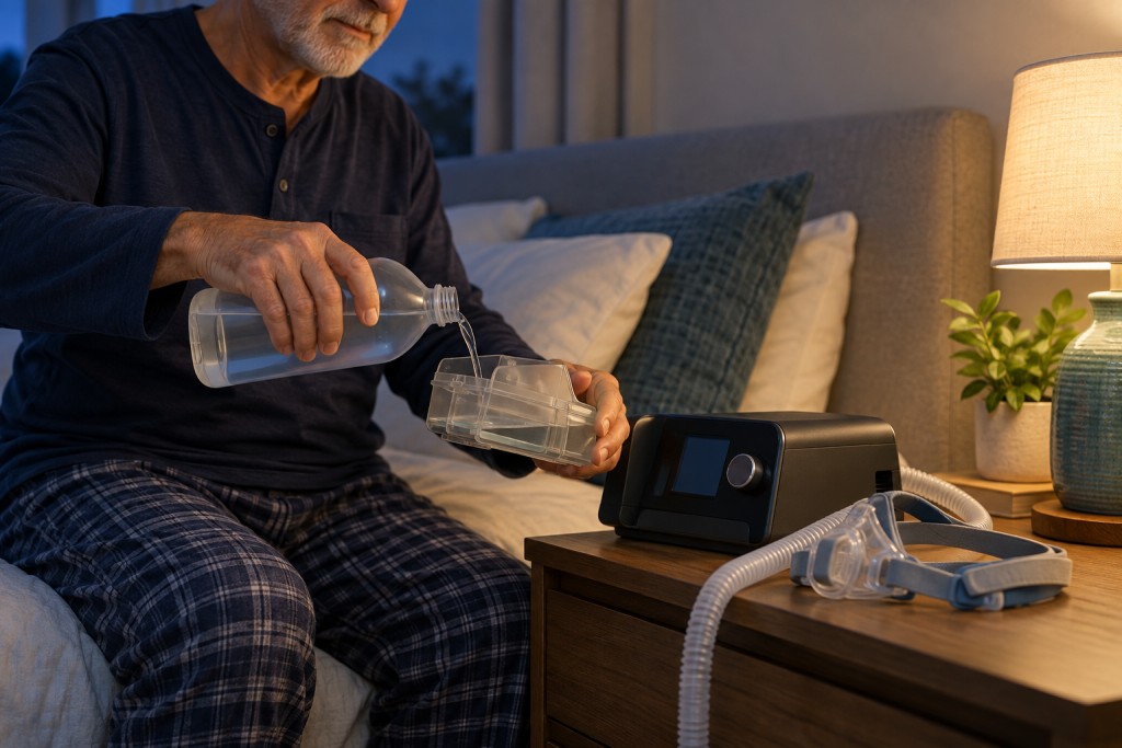 A man fills the clean humidifier chamber of a CPAP machine with fresh water beside his bed.