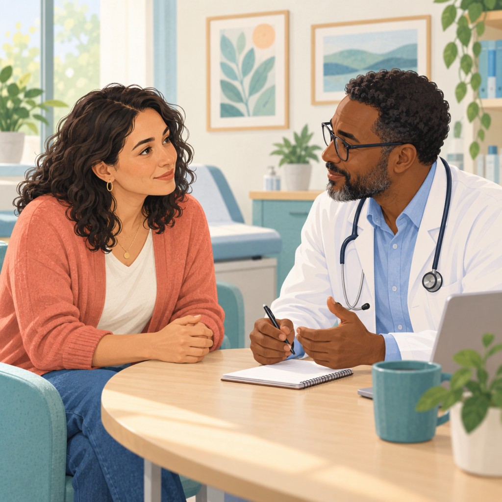 Doctor and patient talking together in a calm consultation