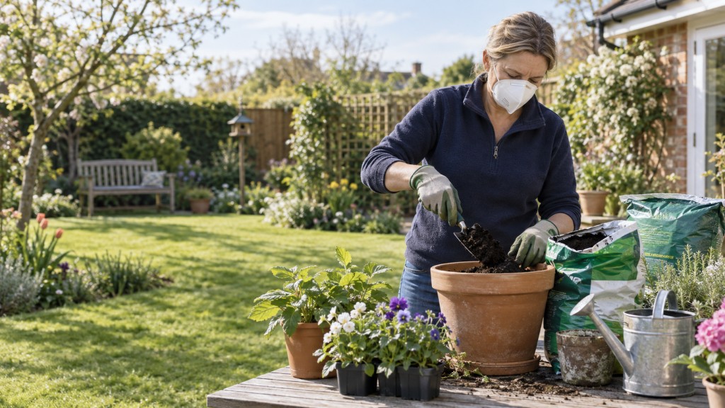 Person wearing a well-fitting FFP2 respirator while handling compost and potting plants in a garden.