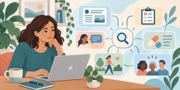Person using a laptop to explore aspergillosis information, with connected icons for conditions, diagnosis, treatment, practical support, patient stories and search.