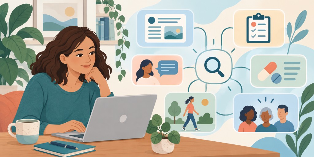 Person using a laptop to explore aspergillosis information, with connected icons for conditions, diagnosis, treatment, practical support, patient stories and search.