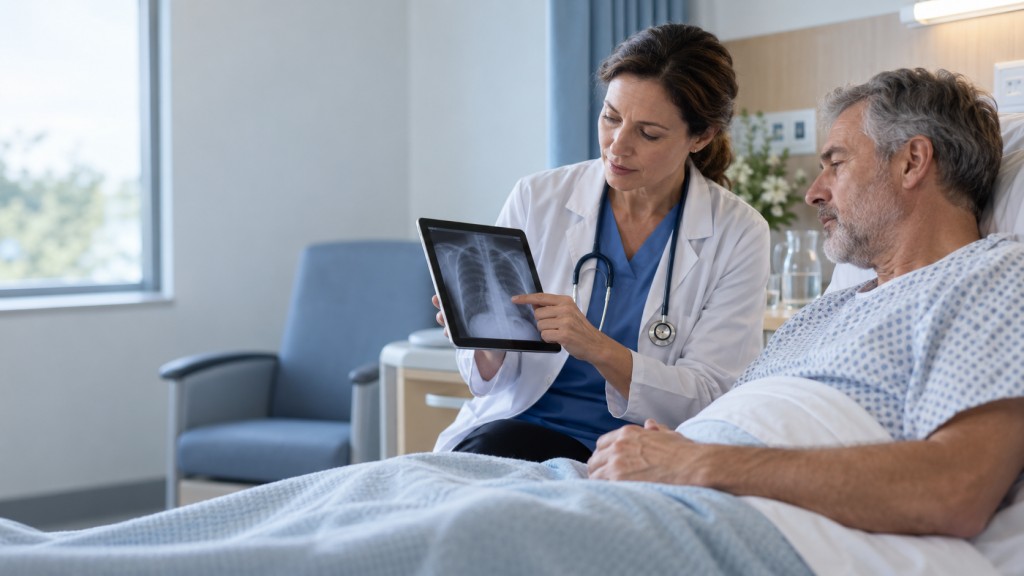 Respiratory specialist discussing chest imaging with a patient in hospital during severe viral respiratory illness.
