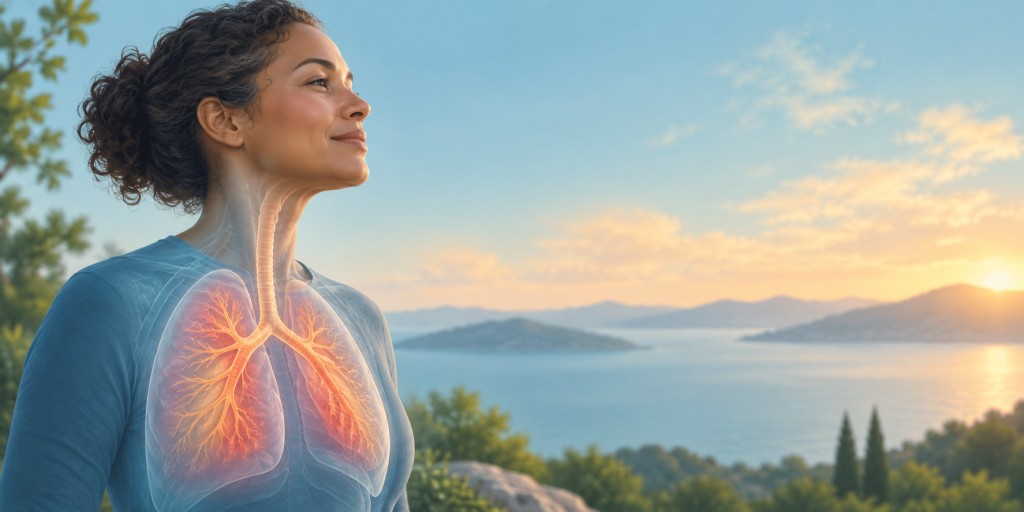 Woman living well with ABPA, with a gentle illustration of the lungs and airways